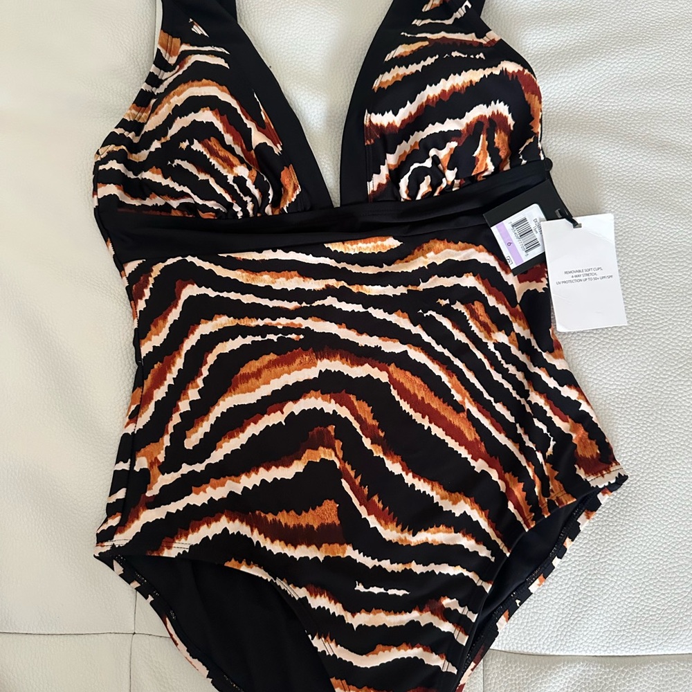 DKNY Black and Brown Zebra Print One Piece Swimsuit